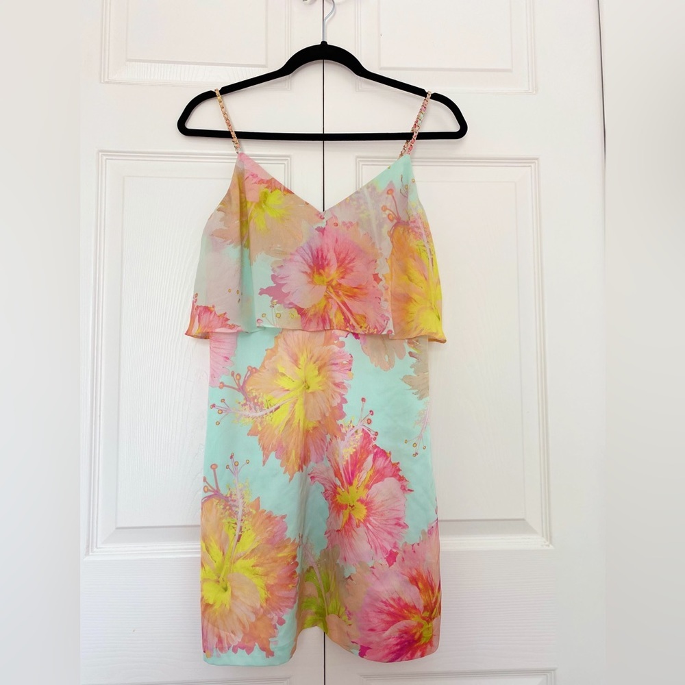 MARCIANO | Floral print satin chain spaguetti strips.